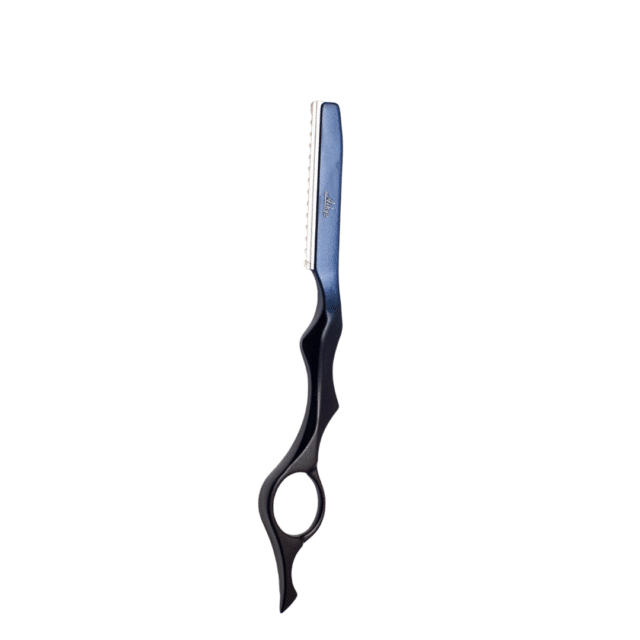 7.5-inch japanese straight blue razor with removable slide-in blades, ergonomic finger ring