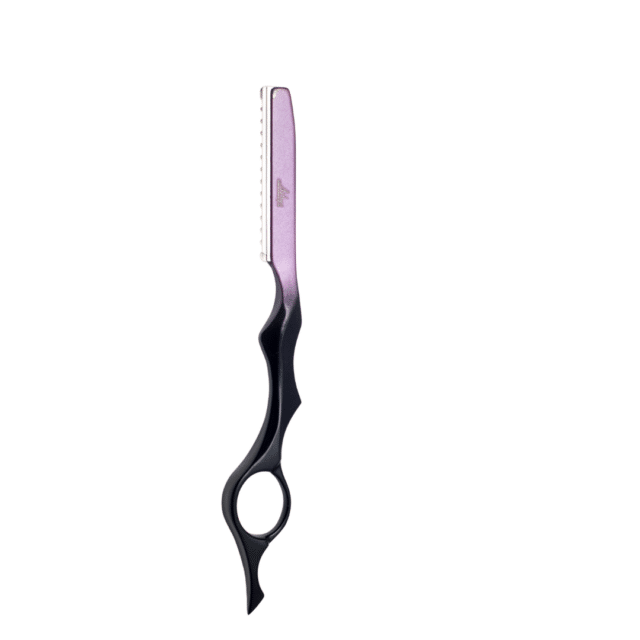 Japanese steel Straight pink razor with removable slide-in blades, ergonomic finger ring.