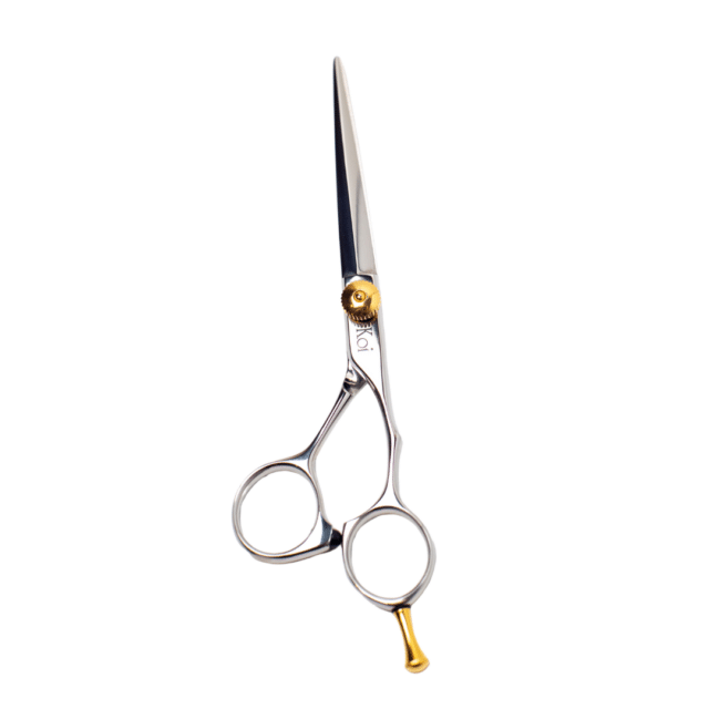 Korean-made Koi 2850 5" shear with pointy convex edge blades and gold tension nut.