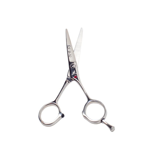 Korean-made Koi 2850 shear with 5-inch convex edge blades and offset rings.